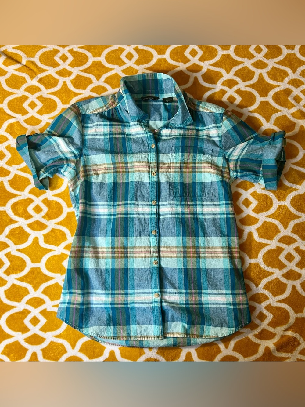 Eddie Bauer Women's Collared Blue Plaid SS Button-Up Cotton Woven Shirt M